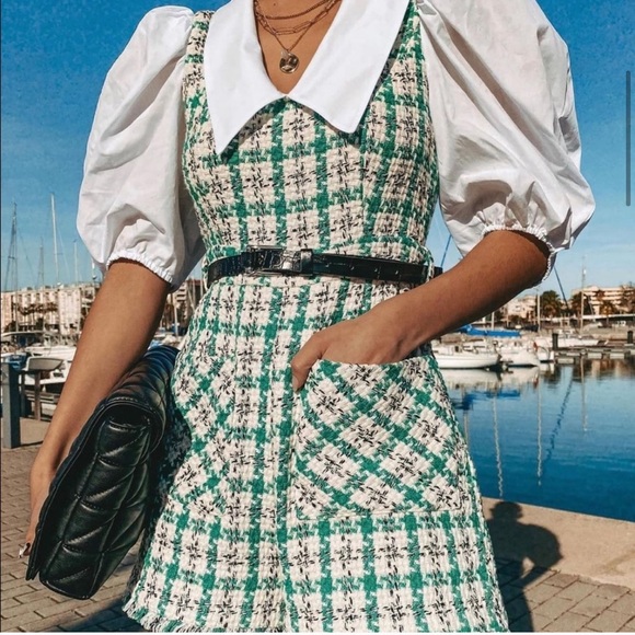 NWT ZARA Tweed Jumpsuit Ecru Green XL Blogger’ Fav - Picture 3 of 15